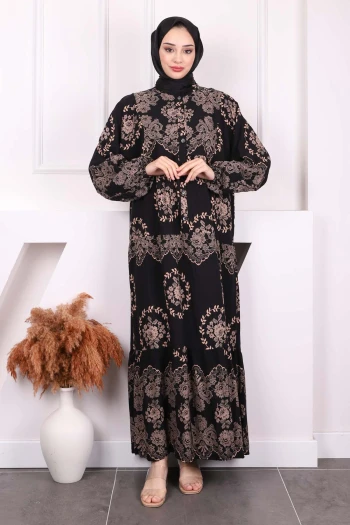 Siyah Vizon Desenli Yarım Düğmeli Viscon Elbise