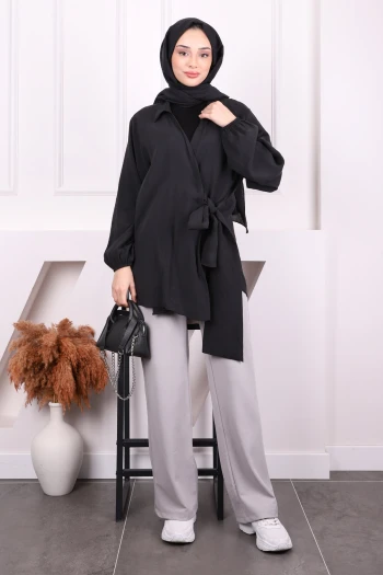 Siyah Yan Bağlamalı Kimono