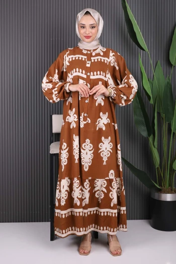 Taba Desenli Yarım Düğmeli Viscon Elbise