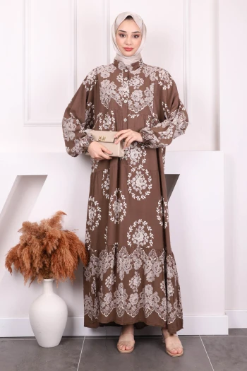 Taba Desenli Yarım Düğmeli Viscon Elbise