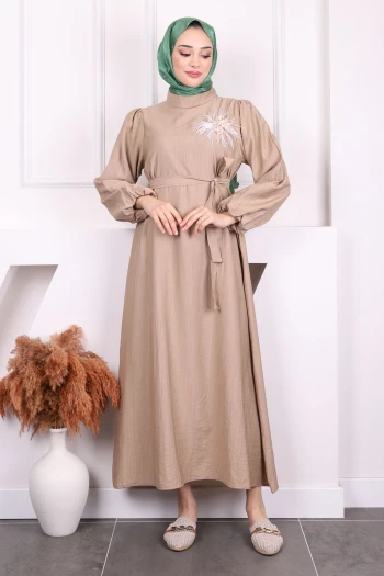 Vizon Balon Kol Kuşaklı Elbise