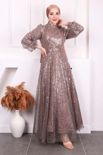 Vizon Boncuklu Payetli Abiye