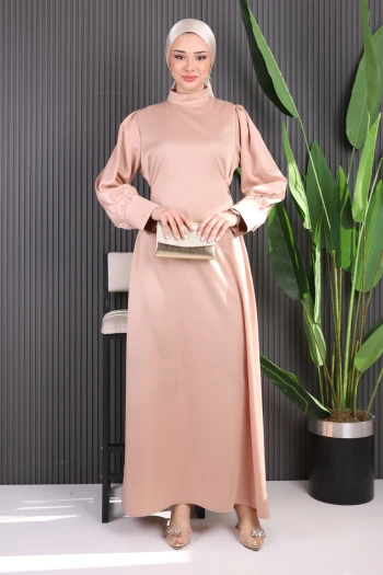 Vizon Kol Düğmeli Beli Kuşaklı Saten Elbise