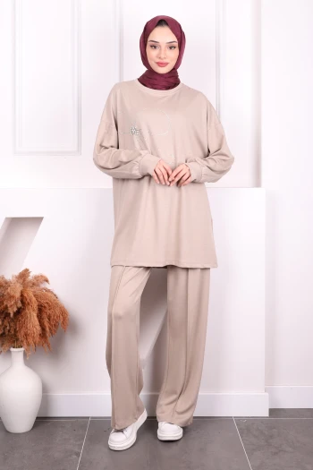 Vizon Taş İşlemeli Modal Tunik Pantolonlu Takım