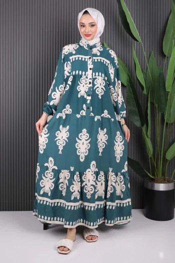 Zümrüt Yeşili Desenli Yarım Düğmeli Viscon Elbise