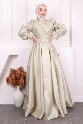 Açık Haki Balon Kol Drapeli Abiye