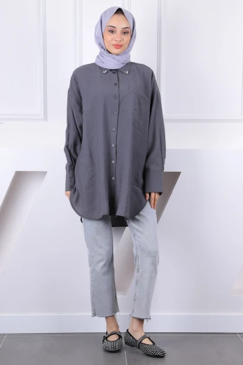 Antrasit Yaka Taşlı Tel Cepli Oversize Tunik