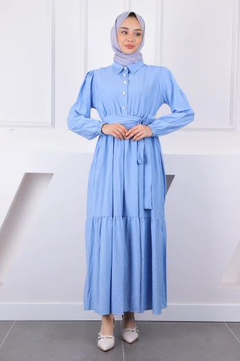 Bebe Mavi Bel Lastikli Kuşaklı Modal Elbise