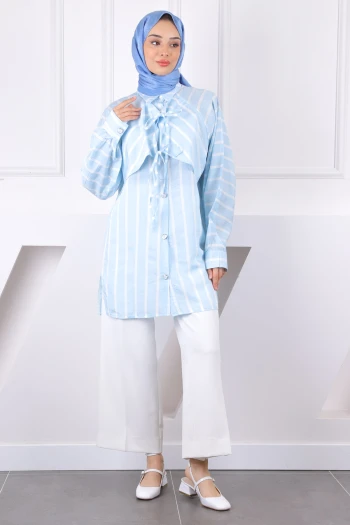Bebe Mavi Çizgili Yaka Detaylı Gömlek