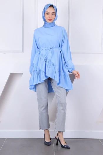 Bebe Mavi Eteği Katlı Fırfırlı Tunik