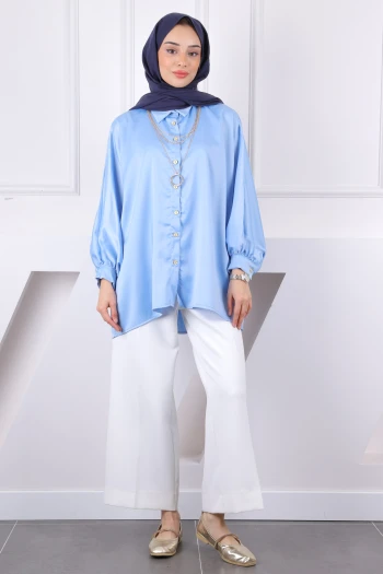 Bebe Mavi Kolyeli Oversize Saten Gömlek