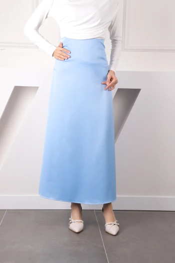 Bebe Mavi Yan Fermuarlı Saten Kloş Etek