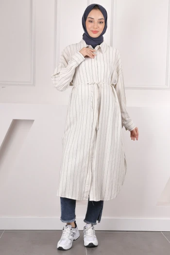 Bej Bel İpli Çizgili Keten Tunik