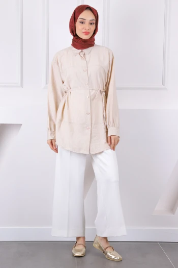 Bej Bel Kuşaklı Gömlek