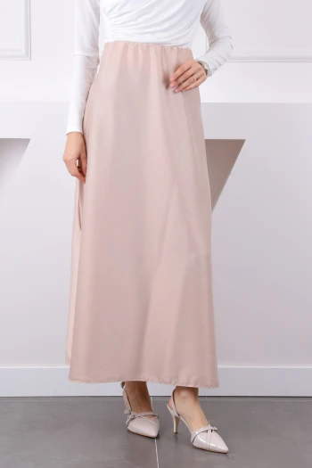 Bej Bel Lastikli Taşlı Saten Etek