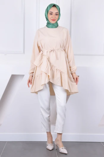 Bej Eteği Katlı Fırfırlı Tunik