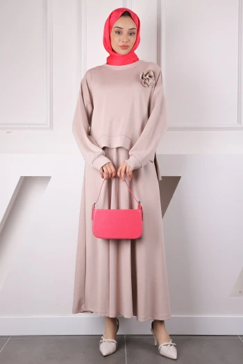 Bej Gül Aksesuarlı Modal Sweat Etekli Takım