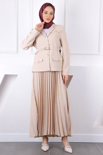 Bej Kemerli Ceket Etekli Krep Takım