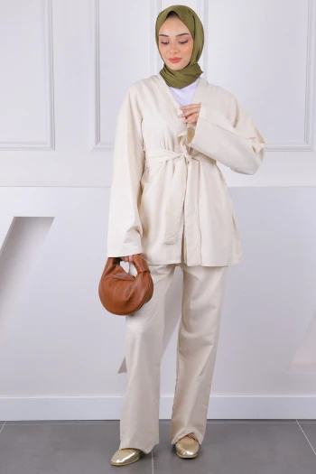 Bej Kemerli Kimono Pantolonlu Takım