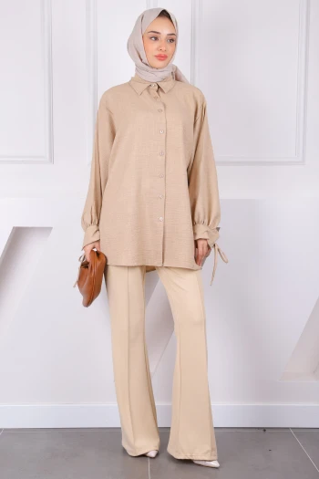 Bej Kol Bağlamalı Keten Tunik