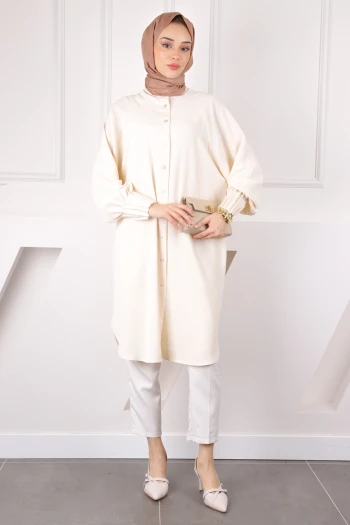 Bej Kolları Nervürlü Linda Tunik