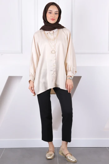 Bej Kolyeli Oversize Saten Gömlek