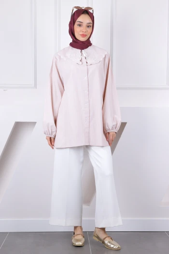 Bej Yaka Detaylı Gömlek