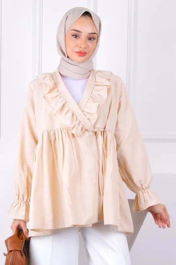 Bej Yaka Fırfırlı Kimono