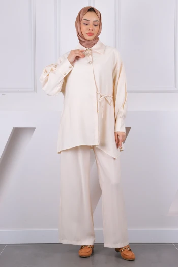 Bej Yan Bağlamalı Tunik Pantolonlu Takım