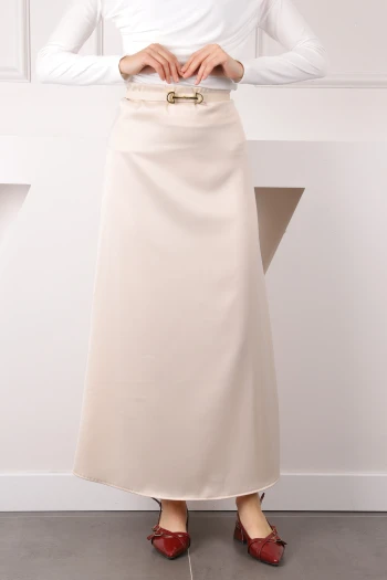 Bej Yan Fermuarlı Saten Kloş Etek