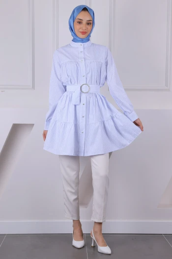 Beyaz Mavi Hakim Yaka Çizgili Poplin Tunik