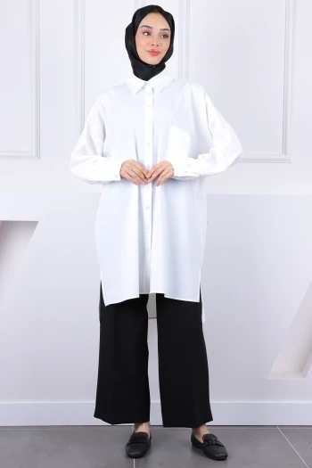 Beyaz Tek Cepli Linda Tunik