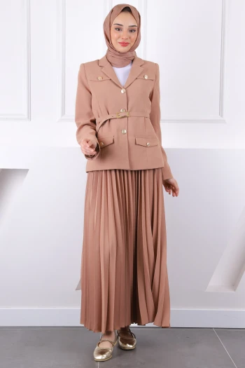 Bisküvi Kemerli Ceket Etekli Krep Takım