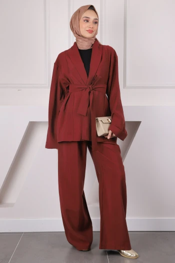 Bordo Bel Kuşaklı Ceket Pantolonlu Takım
