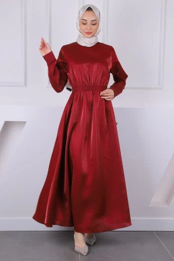 Bordo Bel Lastikli Saten Kuşaklı Abiye