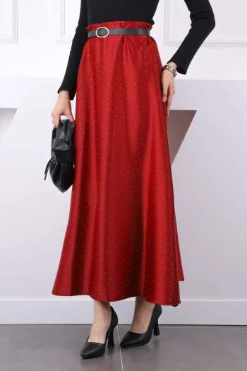 Bordo Bel Lastikli Taşlı Saten Etek