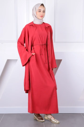 Bordo Beli İpli Tunik  Elbise Kombin Takım