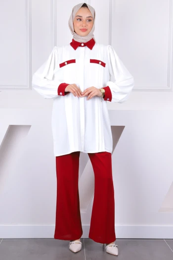 Bordo Düğmeli Tunik Pantolonlu Takım