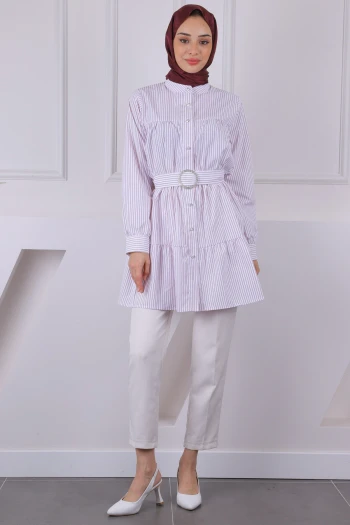 Bordo Hakim Yaka Çizgili Poplin Tunik