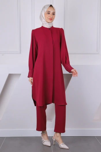 Bordo Hakim Yaka Kolu Nervürlü Tunik Pantolonlu Takım