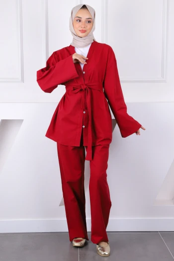 Bordo Kemerli Kimono Pantolonlu Takım