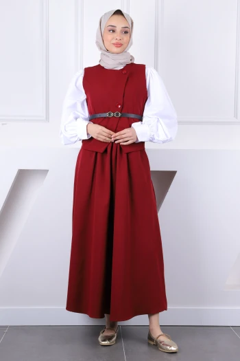 Bordo Kemerli Yelek Etekli Takım