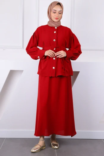 Bordo Kol Büzgülü Ceket Etekli Takım