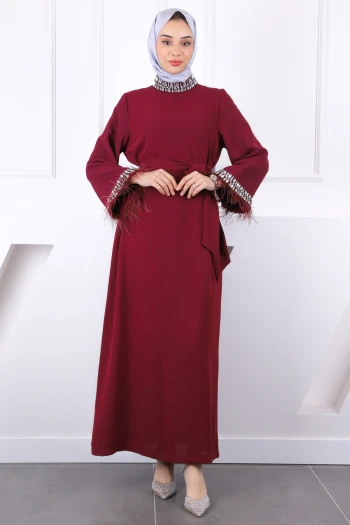 Bordo Kol Ve Yaka Taşlı  Taşlı Kuşaklı Abiye