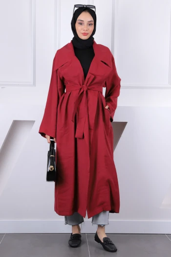 Bordo Kruvaze Yaka Bel Kuşaklı Modal Trençkot