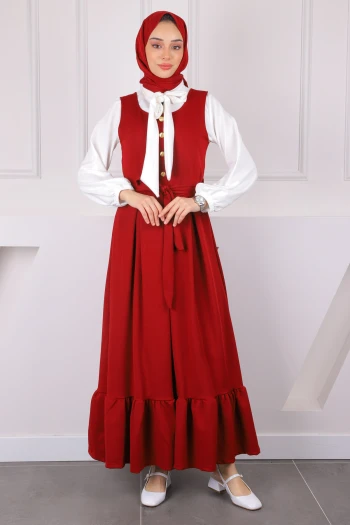 Bordo Kuşaklı Bluz Kombibli Jile Elbise