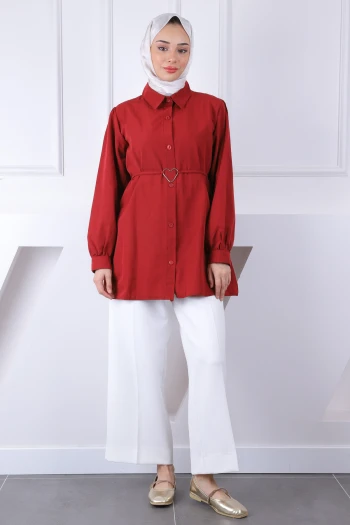 Bordo Kuşaklı Düğmeli Tunik