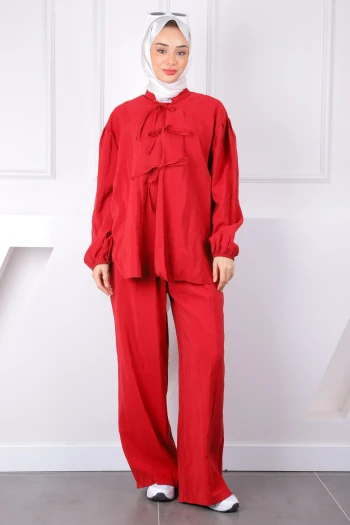 Bordo Ön Bağlamalı Kimono Pantolonlu Takım