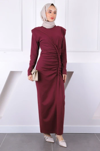 Bordo Ön Büzgülü Vatkalı Elbise