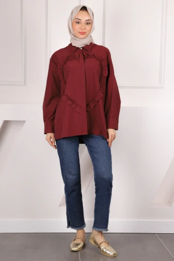 Bordo Ön Kalp Fırfırlı Gömlek